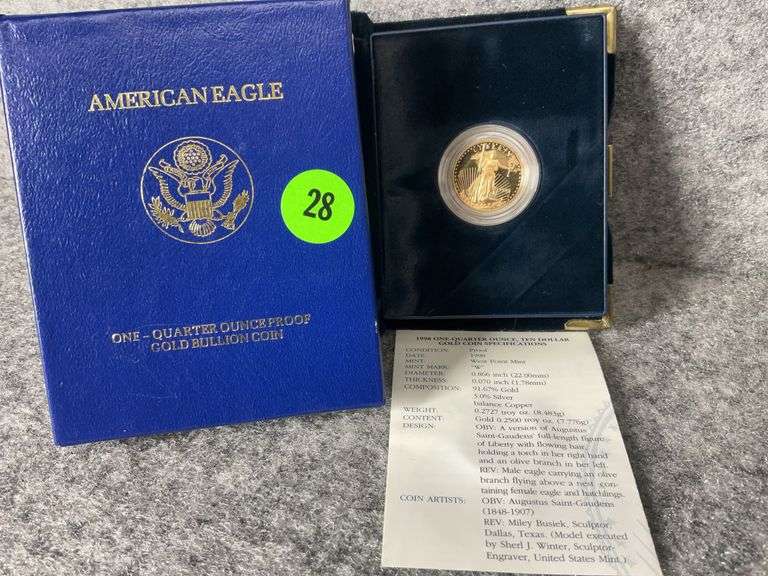 1998 One-Quarter, Ten Dollar Gold Coin Proof, COA, Mint Marked “W”, In Case