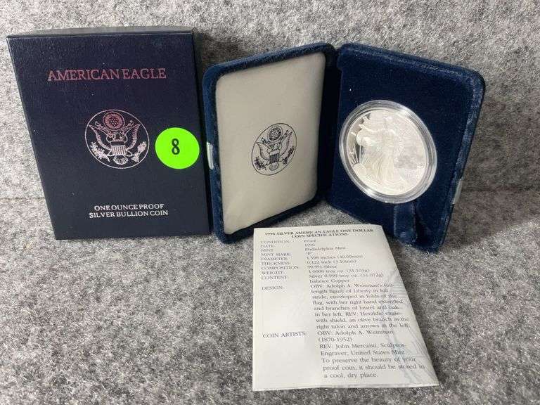 1996 American Eagle One-Ounce Fine Silver Dollar Coin, Proof, COA, Mint Mar