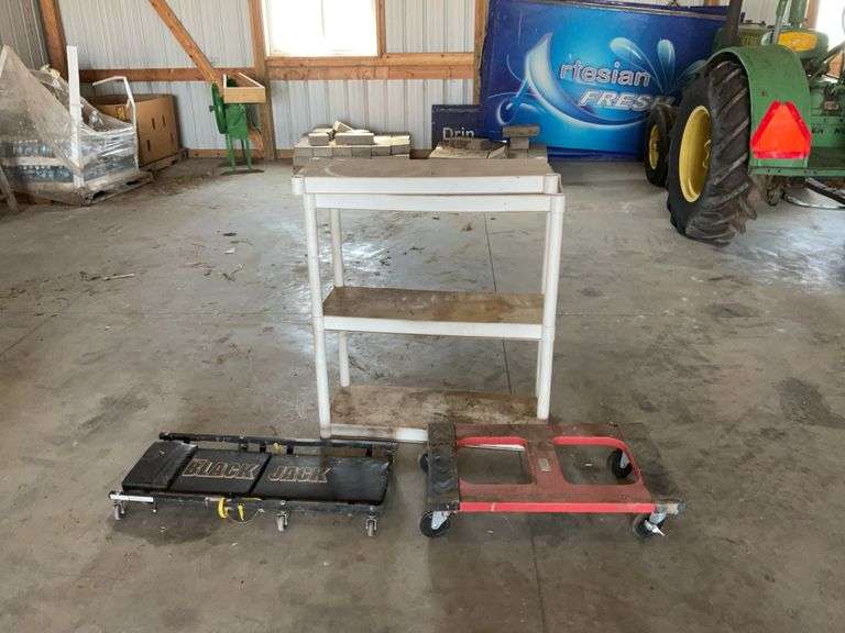 Creeper, 4 wheel cart and a plastic shelf