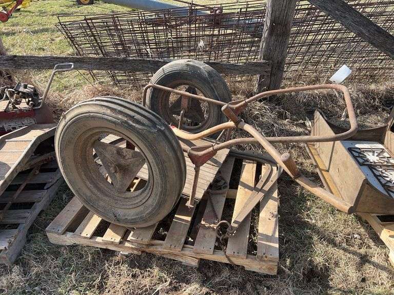 Two wheeled can Cart, Hand Scythe, Vintage Hay Lift Clamp