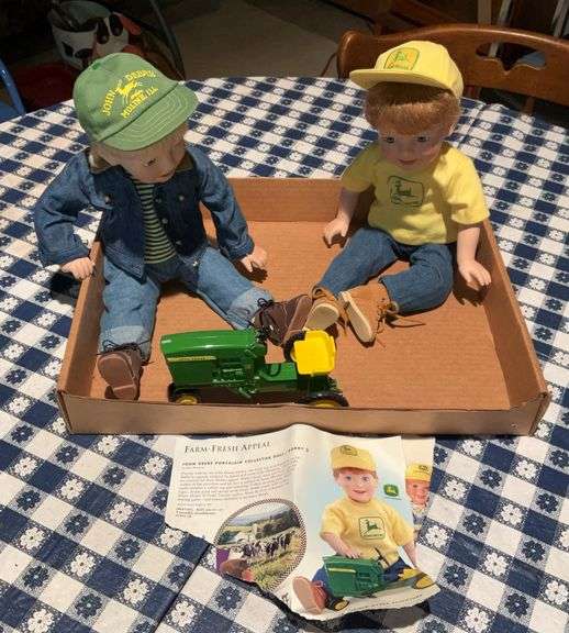 Danbury Mint John Deere Porcelain Boy Dolls with John Deere Scale Model Ped