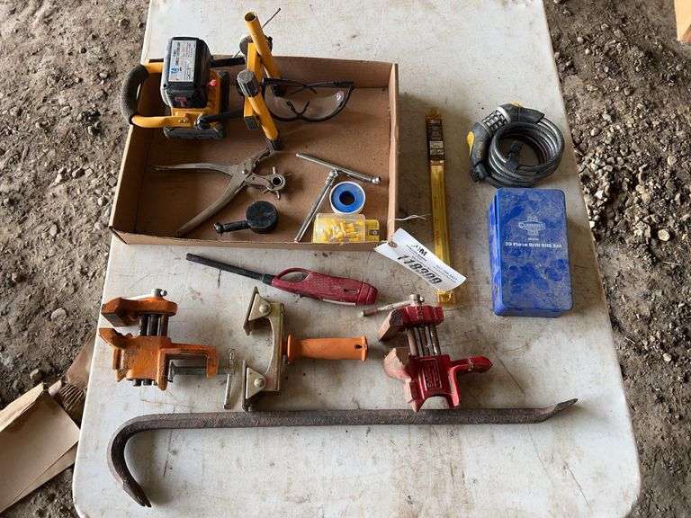 Shop Light, Bike Lock, Vises, Pry Bar, 29 Piece Drill Bit Set