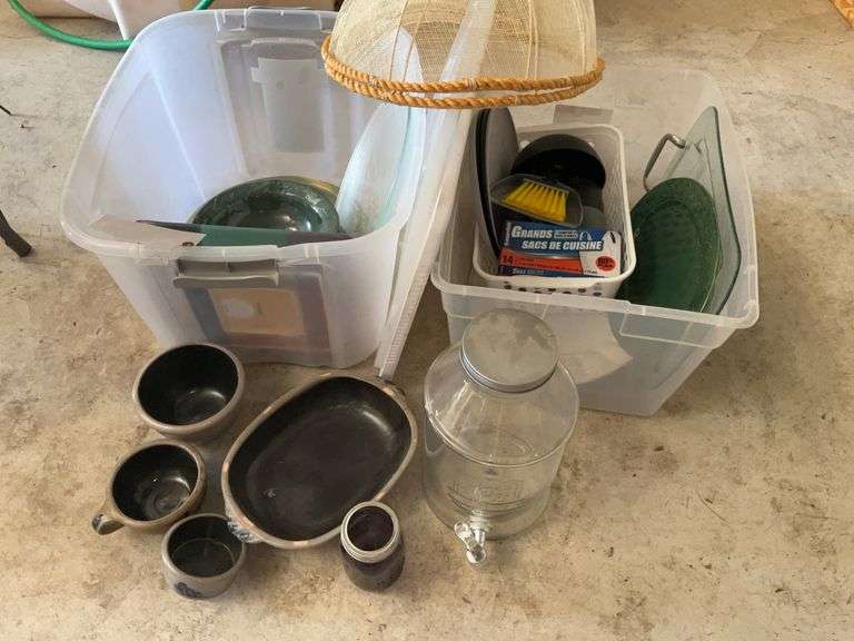 (2) Totes Stoneware, Glass Beverage Jar, Platters