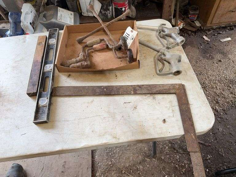 Vintage Fuel Nozzles, Hand Drills, Square Levels
