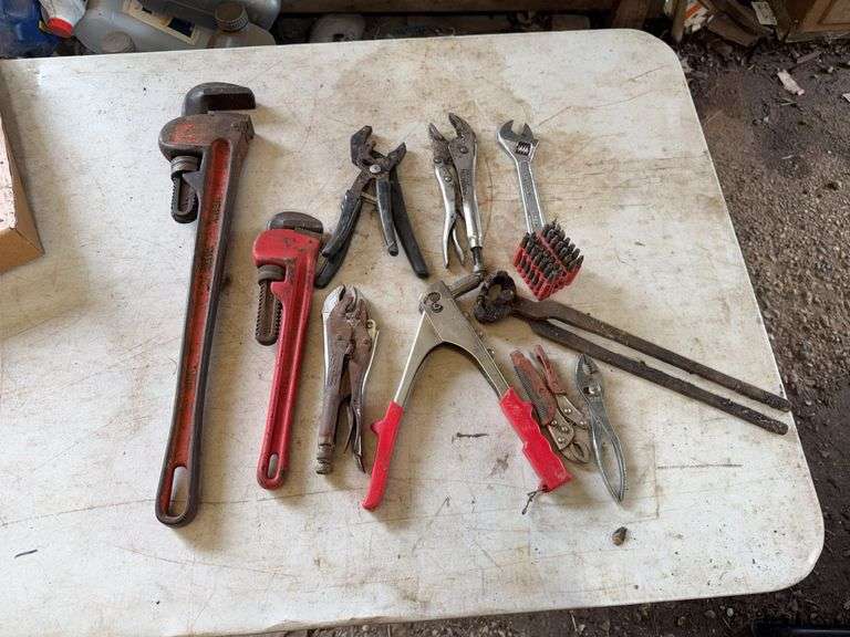 (2) Pipe Wrenches, Crescent Wrenches, Pliers, Cutters, Rivet Gun, Other Han
