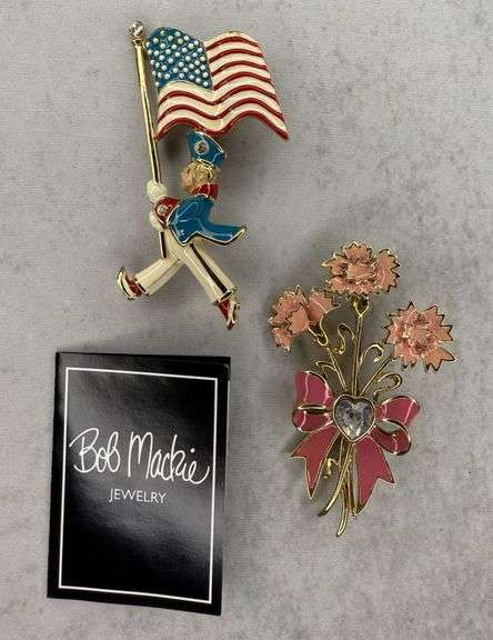 (2) Bob Mackie Flower Bouquet & Soldier with Flag Pin Brooch with Box