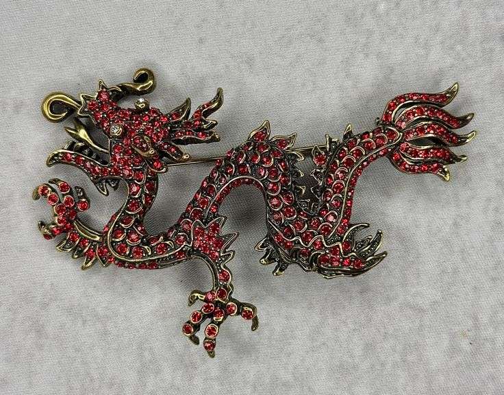 Heidi Daus Red Rhinestone Dragon Pin Brooch