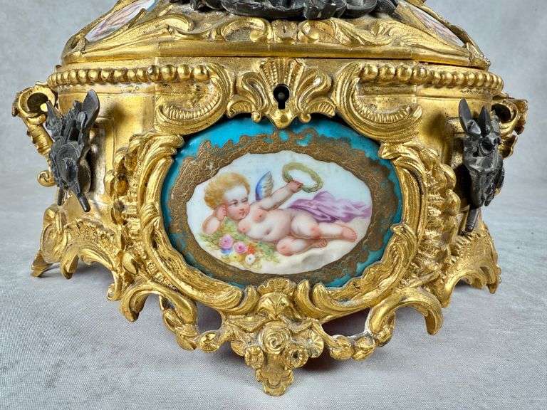 RARE Antique Gilt Bronze French Hand Painted Porcelain Cherub Jewelry Casket Music Box