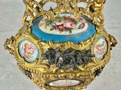 RARE Antique Gilt Bronze French Hand Painted Porcelain Cherub Jewelry Casket Music Box