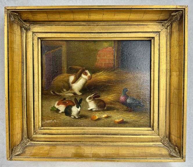 Original Oil on Canvas Painting Rabbits & Bird in Barn - Mantle Auctioneer