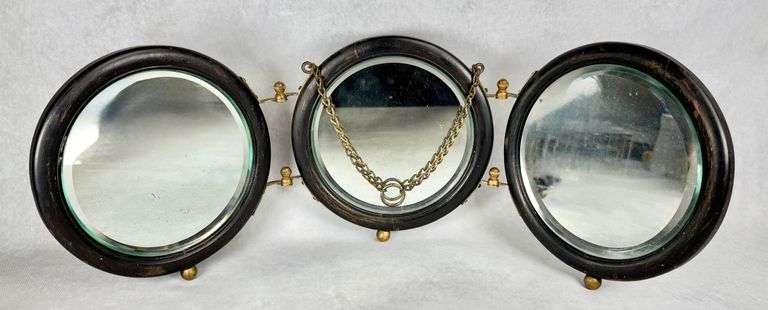 Vintage Tri-Fold Beveled Glass Wood Shaving Mirror
