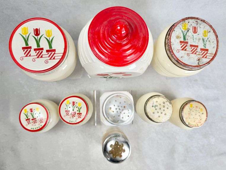 (9) Vintage Depression Era Fire King Tulip Grease Jar, Shakers, Jars
