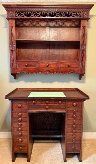 Antique Watchmaker's Bench/Table with Hanging Shelf & Vitek Stool