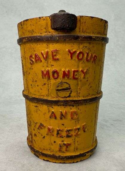 Vintage John Wright Save Your Money and Freeze It North Pole Bank Cast Iron Ice Cream Freezer