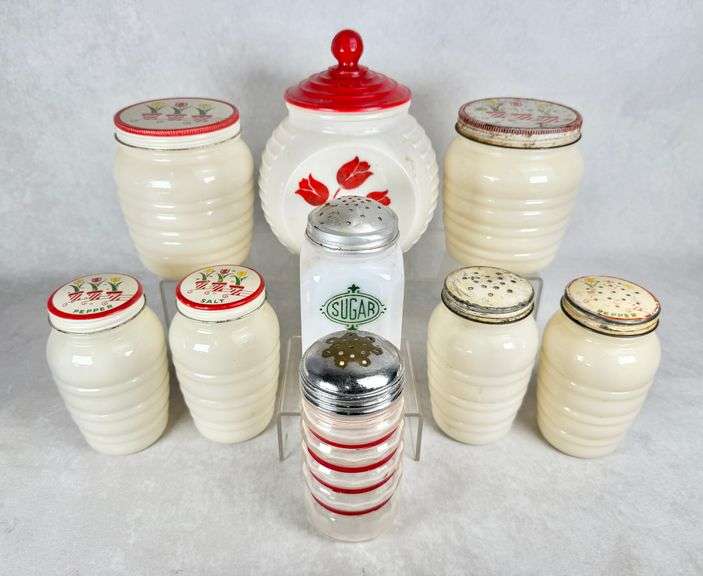 (9) Vintage Depression Era Fire King Tulip Grease Jar, Shakers, Jars