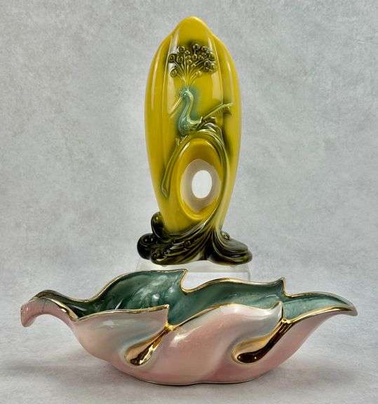 Hull Pottery Peacock Vase & Pink Leaf Dish 78 & 73
