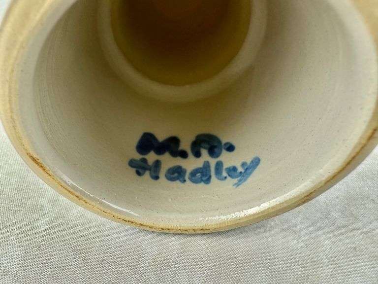 M.A. Hadley Pottery Vinegar, Oil Bottles & (3)  Candleholders