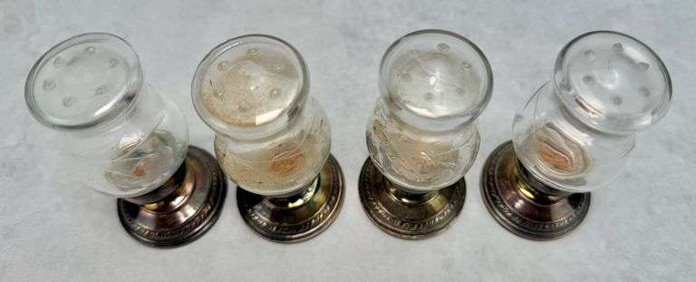(4) Newport Etched Glass Sterling Salt & Pepper Shakers Quaker Hurricane