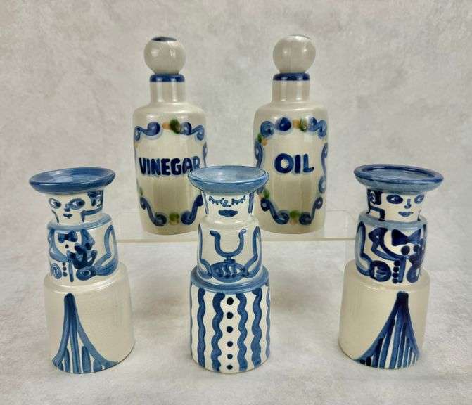 M.A. Hadley Pottery Vinegar, Oil Bottles & (3)  Candleholders