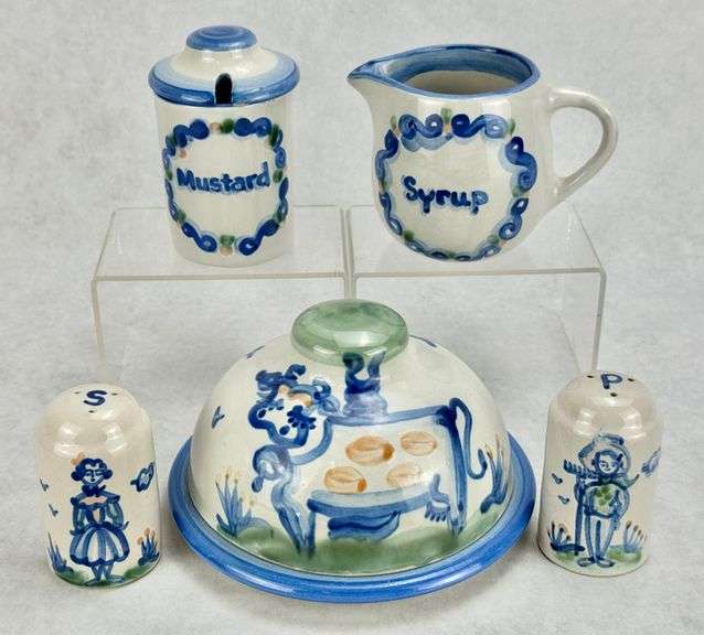 M.A. Hadley Pottery Salt & Pepper Shakers, Mustard, Syrup & Covered Cheese Dish