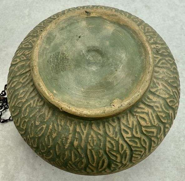 Vintage Pottery Green Hanging Basket Planter