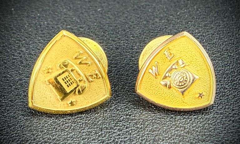 Pair 10K Yellow Gold Vintage Western Electric Telephone Employee Service Pins