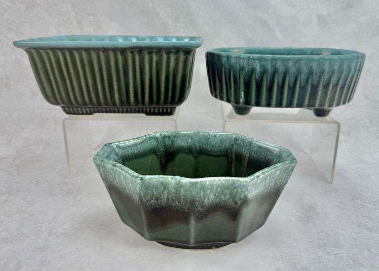 (3) Hull Pottery Green Drip Glaze Planters/Bowls