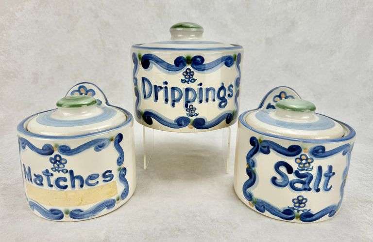 M.A. Hadley Pottery Drippings Jar, Matches, & Salt Cellar