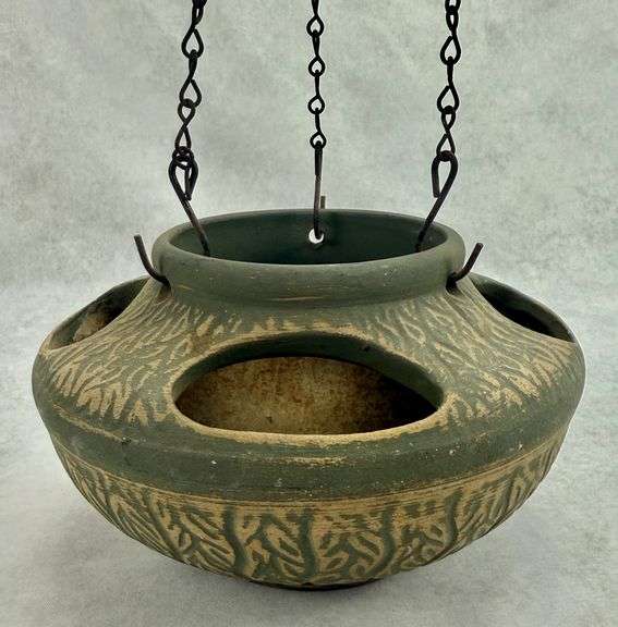 Vintage Pottery Green Hanging Basket Planter