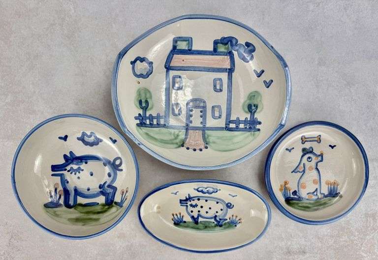 M.A. Hadley Pottery Bowls, Dog Dish, Olive/Pickle Dish