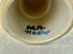 M.A. Hadley Pottery Vinegar, Oil Bottles & (3)  Candleholders