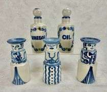 M.A. Hadley Pottery Vinegar, Oil Bottles & (3)  Candleholders