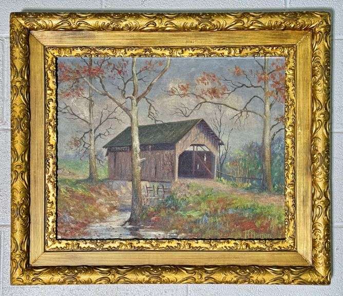 Original Covered Bridge Oil Painting on Board Signed H. Morrison