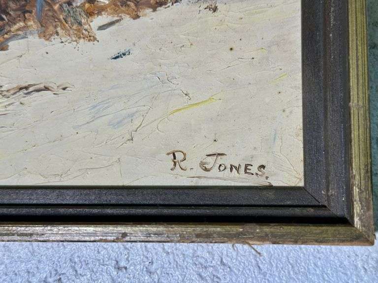 Original 1966 Winter Trees Water Scene Oil Painting  on Board Signed R. Jones