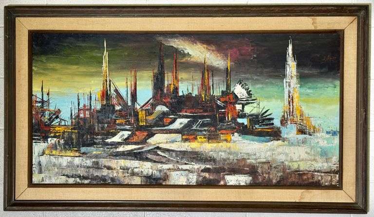 LARGE Mid Century City Scape/Industrial Oil Painting on Canvas C Takash