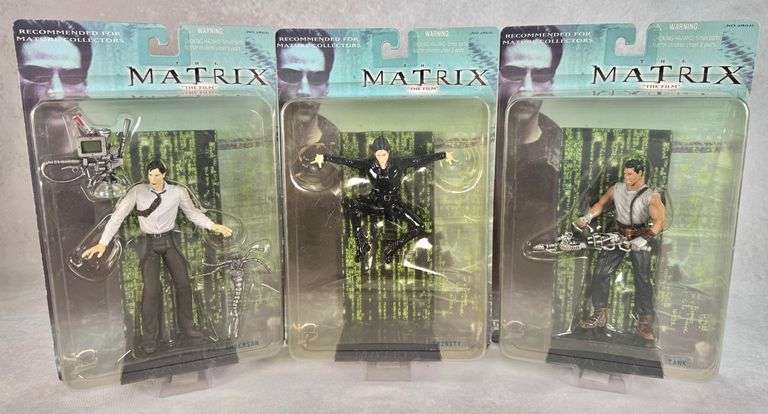 (3) The Matrix Film Action Figures Mr. Anderson, Trinity & Tank