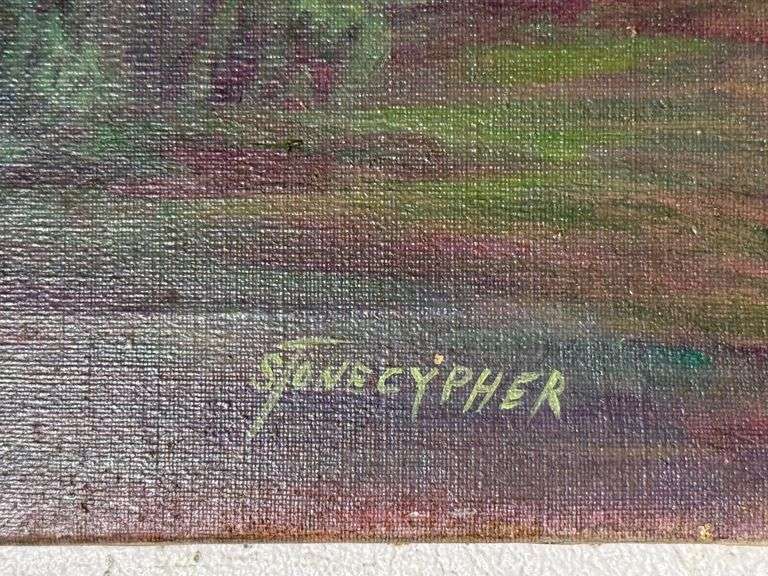 Original Desert Cactus Oil Painting on Canvas Signed Stone Cypher