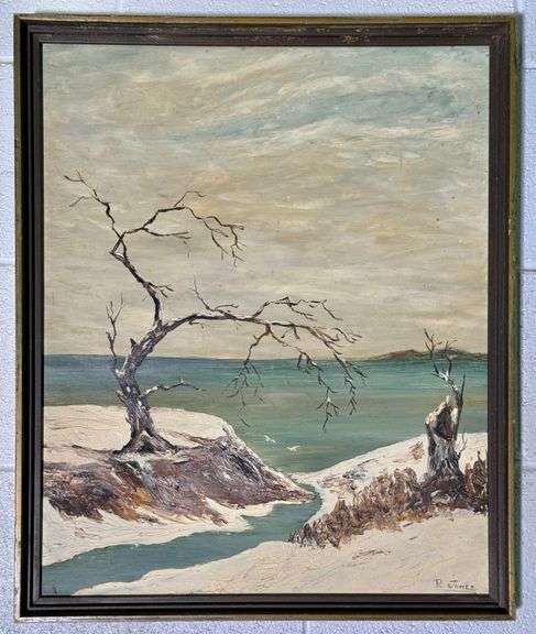 Original 1966 Winter Trees Water Scene Oil Painting  on Board Signed R. Jones