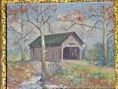 Original Covered Bridge Oil Painting on Board Signed H. Morrison