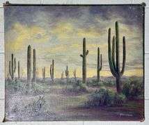 Original Desert Cactus Oil Painting on Canvas Signed Stone Cypher