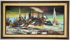 LARGE Mid Century City Scape/Industrial Oil Painting on Canvas C Takash