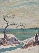 Original 1966 Winter Trees Water Scene Oil Painting  on Board Signed R. Jones