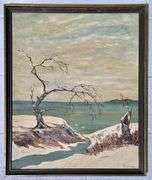 Original 1966 Winter Trees Water Scene Oil Painting  on Board Signed R. Jones