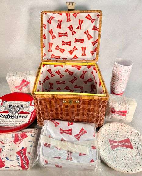 Vintage Budweiser Wicker Picnic Basket Set