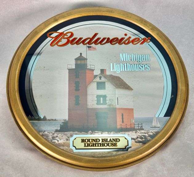 Budweiser Michigan Lighthouses Round Island Mirrored Sign