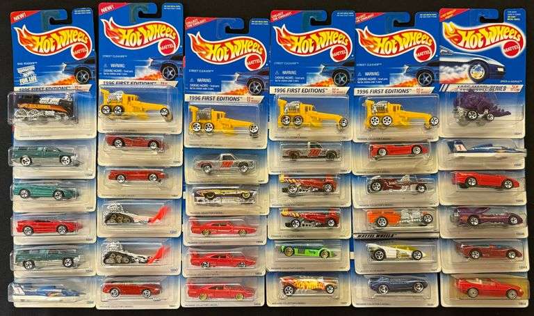 (36) Hot Wheels 1996 First Editions, Rail Rodder, Street Cleaver, Speed-A-Saurus, Daytona, Sandblast