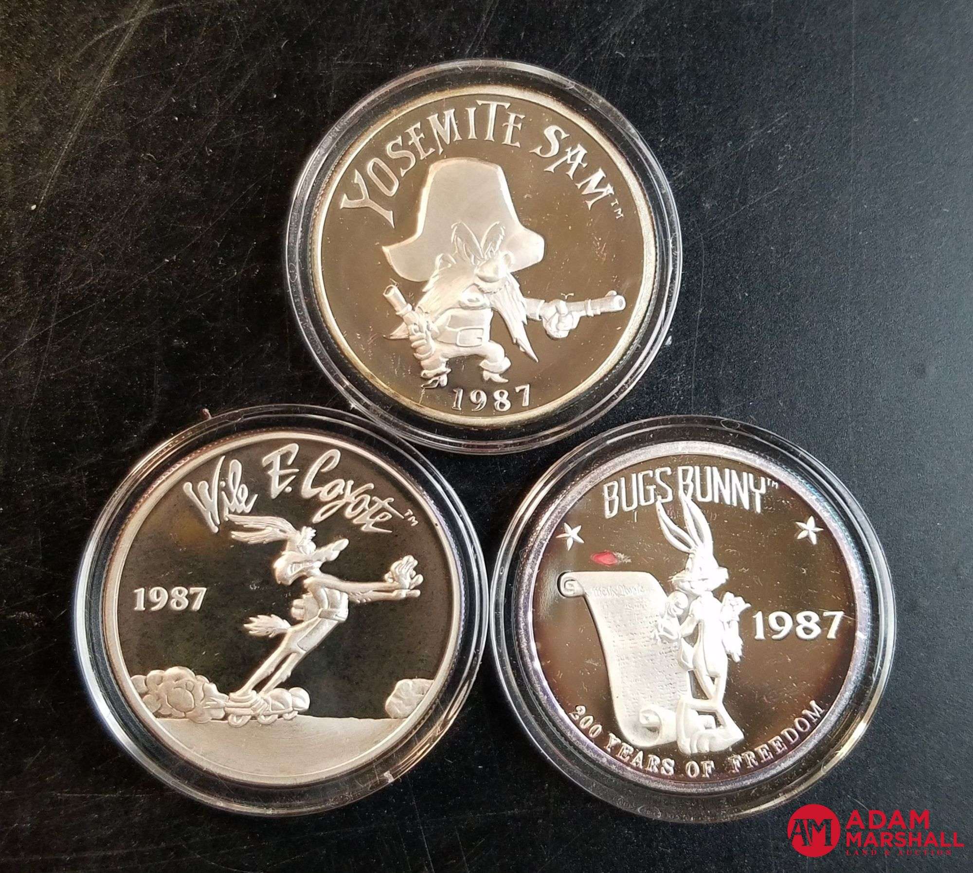 3) 1987 Highland Mint Looney Tunes 1 Oz Silver Rounds - Adam
