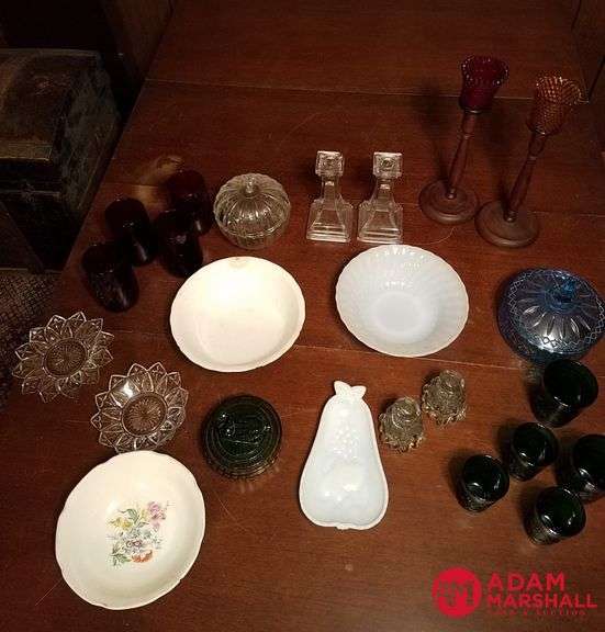 Misc. Glass, Candlesticks. Fire King White Bowl, Candy Dishes, Green