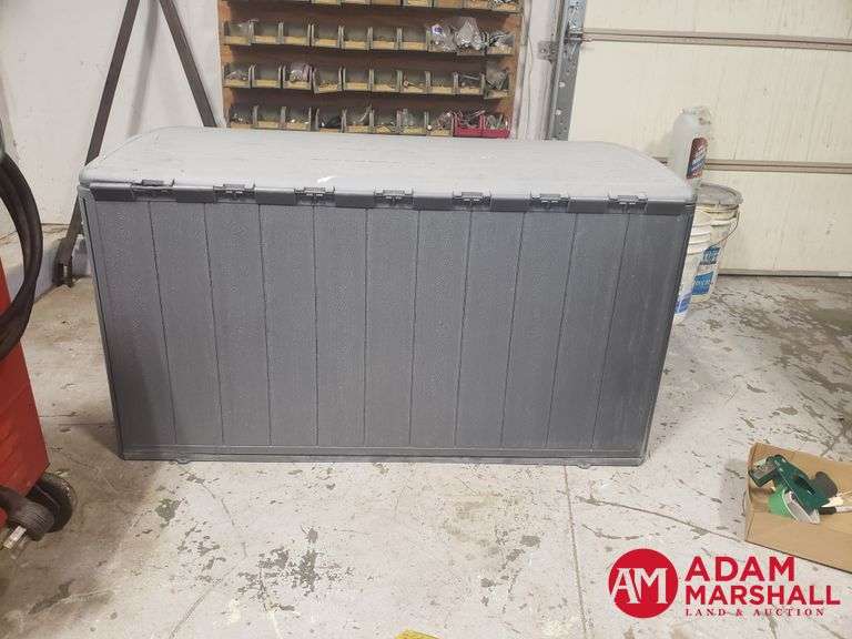 Backyard Creations 130 gallon deck box.  Approx 26" x 4' x 26.5"