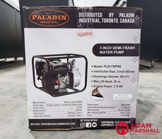 Unused Paladin Industrial Model PLD-TWP80 Gasoline 3" Semi-Trash Water Pump